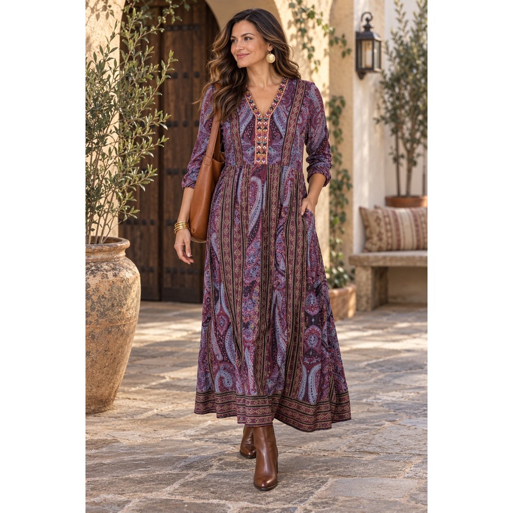 Soft Surroundings Mira Paisley Hand Beaded Trim Boho Maxi Dress Small Petite